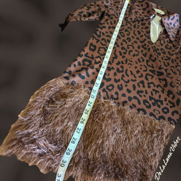 Leopard Print Dress in Honey Brown & Black with Contrast Fuzzy Faux Fur Trim MED - Picture 10 of 13